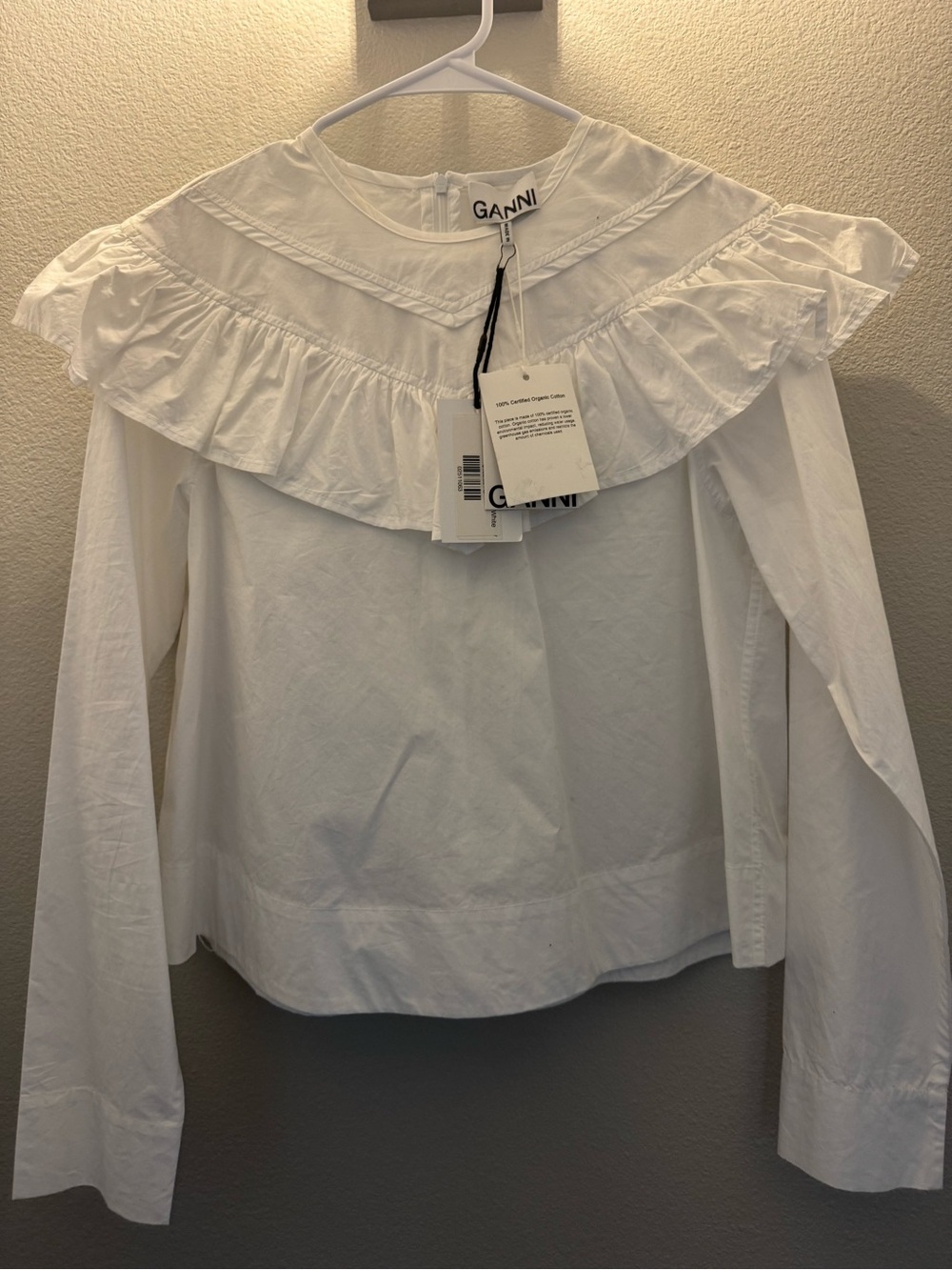 Ganni White Ruffled Yoke Cotton Blouse